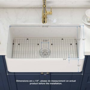 KIBI USA K2-SF33 Pure 33 Inch Fireclay Farmhouse Undermount Kitchen Sink with Bottom Grid and Strainer - White