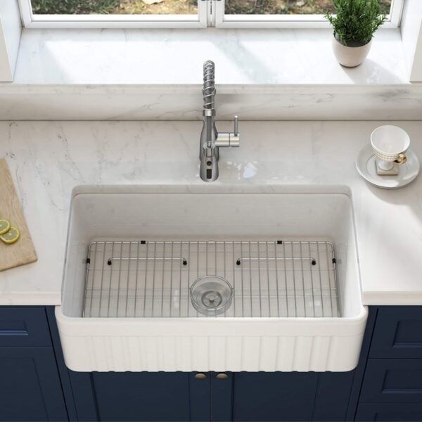 KIBI USA K2-SF33PI Pillar 33 Inch Fireclay Farmhouse Undermount Kitchen Sink with Bottom Grid and Strainer - White