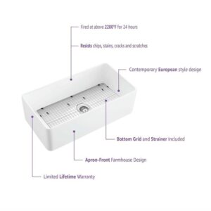 KIBI USA K2-SF36 Pillar 36 Inch Fireclay Farmhouse Undermount Kitchen Sink with Bottom Grid and Strainer - White