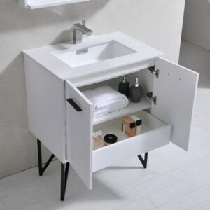 Kubebath KB30GW Bosco 30 Inch Modern Bathroom Vanity with Quartz Countertop and Matching Mirror