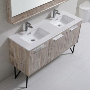 Kubebath KB60DNW Bosco 60 Inch Double Sink Modern Bathroom Vanity with Quartz Countertop and Matching Mirror