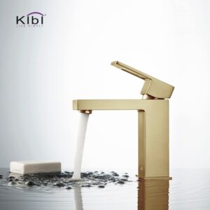 KIBI USA KBF1002 Cubic 6 3/4 Inch Single Hole Deck Mounted Solid Brass Single-Handle Bathroom Vanity Sink Faucet with Water Hose