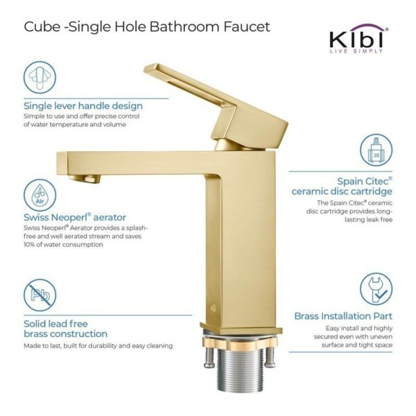 KIBI USA KBF1002 Cubic 6 3/4 Inch Single Hole Deck Mounted Solid Brass Single-Handle Bathroom Vanity Sink Faucet with Water Hose