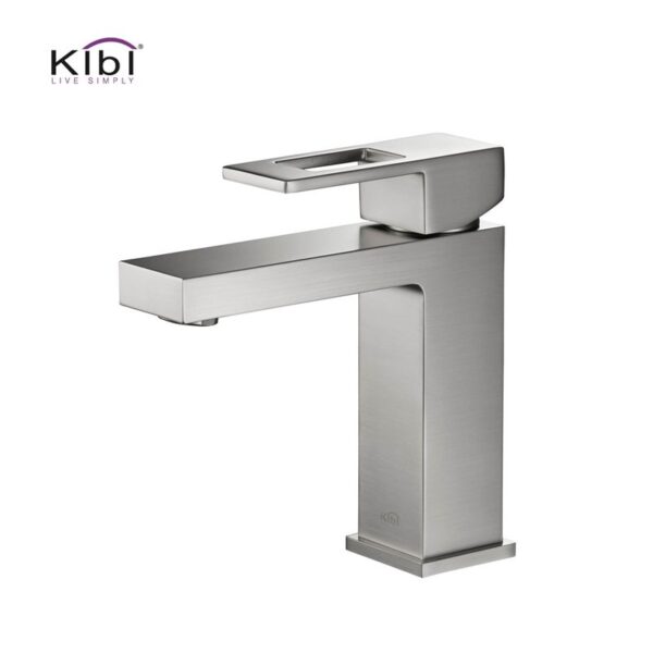 KIBI USA KBF1002 Cubic 6 3/4 Inch Single Hole Deck Mounted Solid Brass Single-Handle Bathroom Vanity Sink Faucet with Water Hose