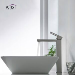 KIBI USA KBF1003 Cubic 12 3/8 Inch Single Hole Deck Mounted Lead Free Solid Brass Single Handle Bathroom Vanity Sink Faucet with Water Hose