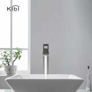 KIBI USA KBF1003 Cubic 12 3/8 Inch Single Hole Deck Mounted Lead Free Solid Brass Single Handle Bathroom Vanity Sink Faucet with Water Hose