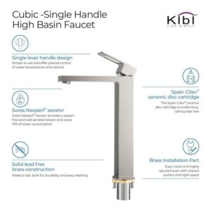 KIBI USA KBF1003 Cubic 12 3/8 Inch Single Hole Deck Mounted Lead Free Solid Brass Single Handle Bathroom Vanity Sink Faucet with Water Hose