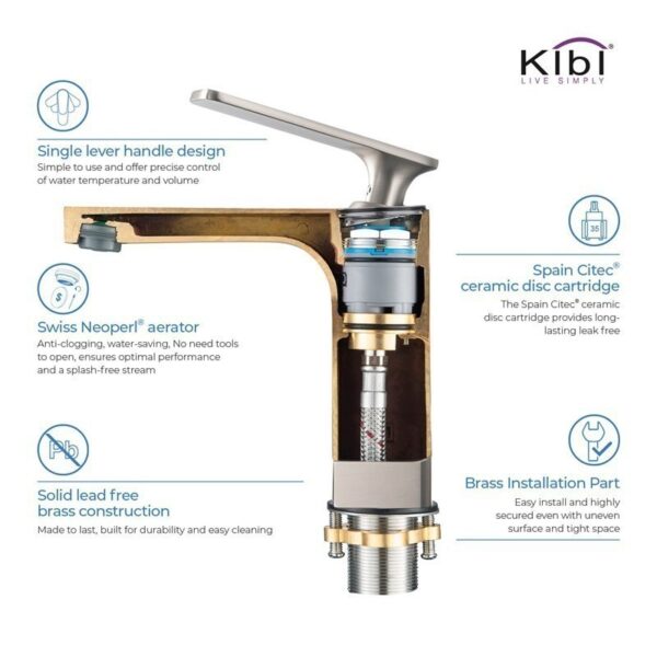 KIBI USA KBF1006 Infinity 6 1/4 Inch Single Hole Deck Mounted Lead Free Solid Brass Single Handle Bathroom Vanity Sink Faucet with Water Hose