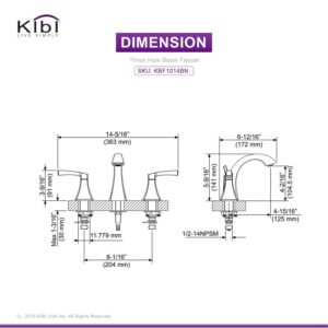 KIBI USA KBF1014 Pyramid 5 5/8 Inch Three Hole Widespread Lead Free Solid Brass Double Handle Bathroom Faucet with Water Hose