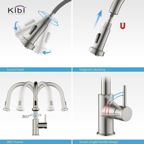 KIBI USA KKF2002 Casa 16 1/2 Inch Single Hole Deck Mount Single Level Pull-Down Kitchen Faucet with Sprayer