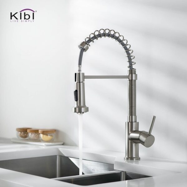 KIBI USA KKF2003 Aurora 17 Inch Single Hole Deck Mount Single Handle High Arc Pull-Down Kitchen Faucet with Sprayer