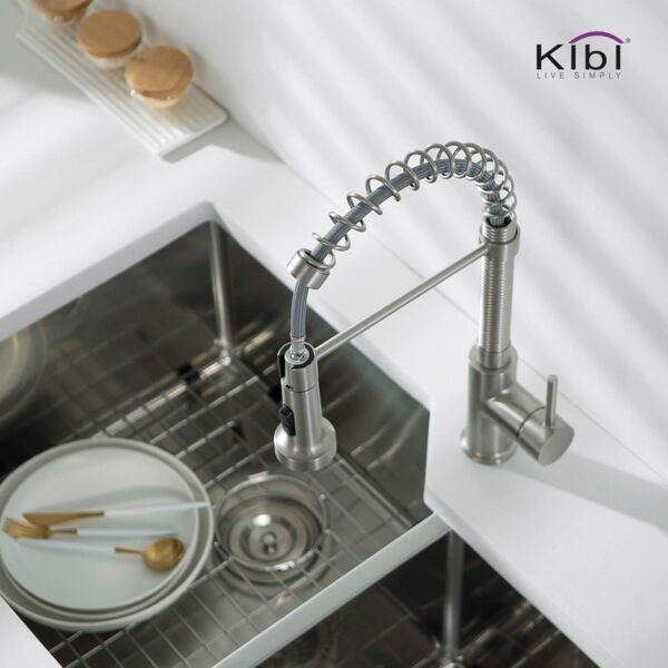 KIBI USA KKF2003 Aurora 17 Inch Single Hole Deck Mount Single Handle High Arc Pull-Down Kitchen Faucet with Sprayer