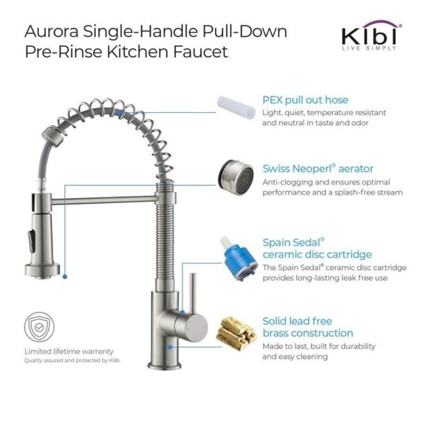 KIBI USA KKF2003 Aurora 17 Inch Single Hole Deck Mount Single Handle High Arc Pull-Down Kitchen Faucet with Sprayer