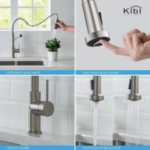 KIBI USA KKF2004 Lodi 19 1/8 Inch Single Hole Deck Mount Pull-Out Single Level Lead Free Brass Kitchen Faucet with Sprayer and Magnetic Docking