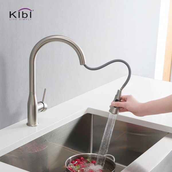 KIBI USA KKF2005 Napa 16 1/4 Inch Single Hole Deck Mount High Arc Pull-Out Single Level Lead Free Brass Kitchen Faucet with Sprayer and Magnetic Docking