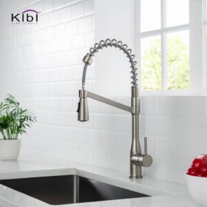 KIBI USA KKF2006 Largo 21 1/4 Inch Single Hole Deck Mount High Arc Pull-Out Single Level Lead Free Brass Kitchen Faucet with Sprayer and Magnetic Docking