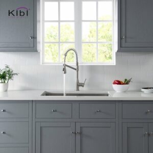 KIBI USA KKF2006 Largo 21 1/4 Inch Single Hole Deck Mount High Arc Pull-Out Single Level Lead Free Brass Kitchen Faucet with Sprayer and Magnetic Docking