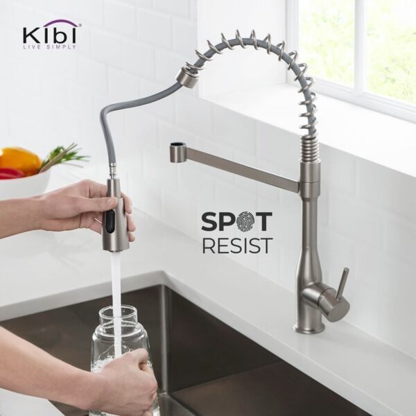 KIBI USA KKF2006 Largo 21 1/4 Inch Single Hole Deck Mount High Arc Pull-Out Single Level Lead Free Brass Kitchen Faucet with Sprayer and Magnetic Docking