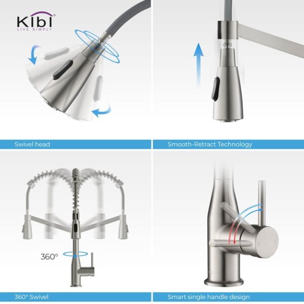 KIBI USA KKF2006 Largo 21 1/4 Inch Single Hole Deck Mount High Arc Pull-Out Single Level Lead Free Brass Kitchen Faucet with Sprayer and Magnetic Docking