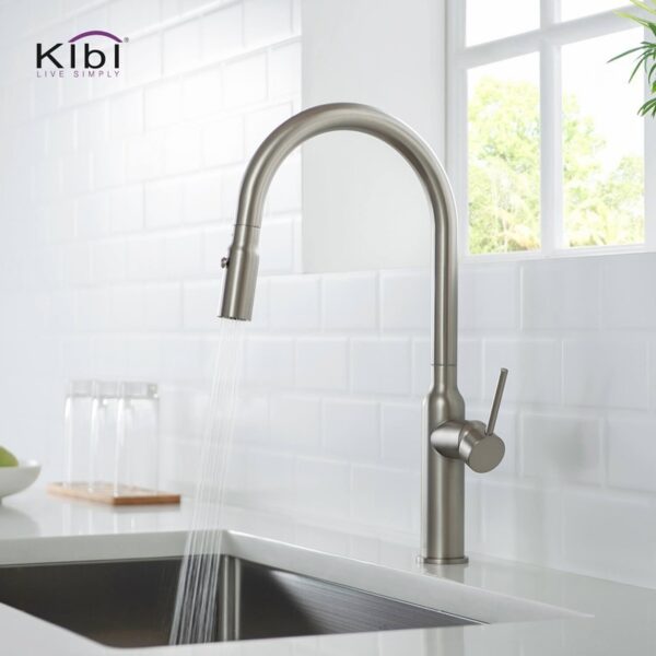 KIBI USA KKF2008 Hilo 17 Inch Single Hole Deck Mount High Arc Pull-Out Single Level Lead Free Brass Kitchen Faucet with Sprayer and Magnetic Docking