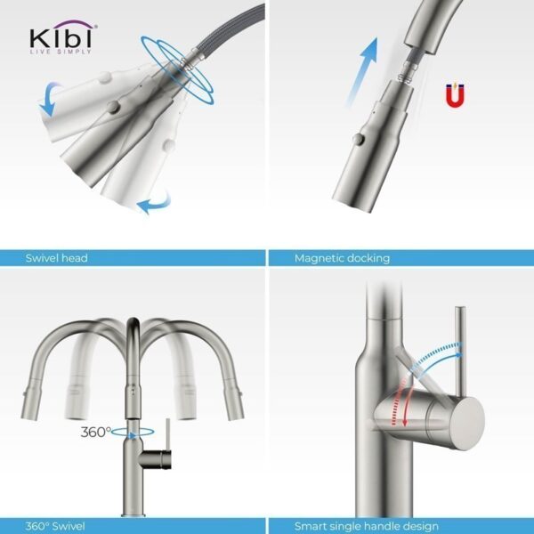 KIBI USA KKF2008 Hilo 17 Inch Single Hole Deck Mount High Arc Pull-Out Single Level Lead Free Brass Kitchen Faucet with Sprayer and Magnetic Docking