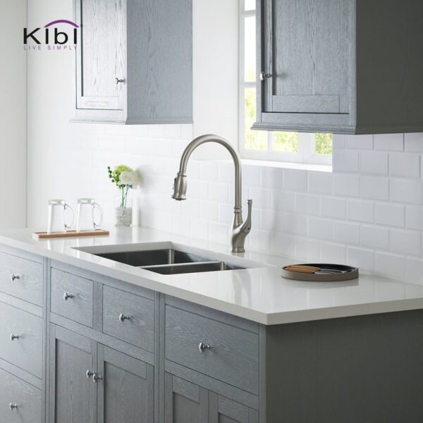 KIBI USA KKF2009 Summit 16 3/8 Inch Single Hole Deck Mount High Arc Pull-Out Single Level Lead Free Brass Kitchen Faucet with Sprayer and Magnetic Docking