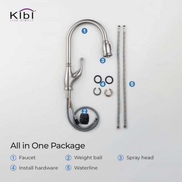 KIBI USA KKF2009 Summit 16 3/8 Inch Single Hole Deck Mount High Arc Pull-Out Single Level Lead Free Brass Kitchen Faucet with Sprayer and Magnetic Docking