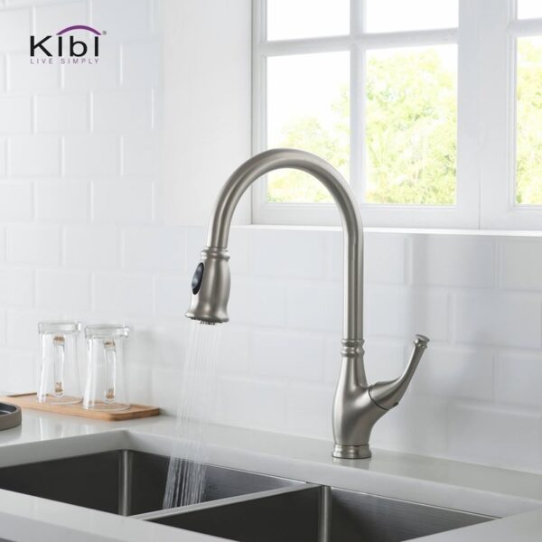 KIBI USA KKF2009 Summit 16 3/8 Inch Single Hole Deck Mount High Arc Pull-Out Single Level Lead Free Brass Kitchen Faucet with Sprayer and Magnetic Docking