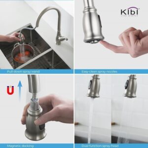 KIBI USA KKF2009 Summit 16 3/8 Inch Single Hole Deck Mount High Arc Pull-Out Single Level Lead Free Brass Kitchen Faucet with Sprayer and Magnetic Docking