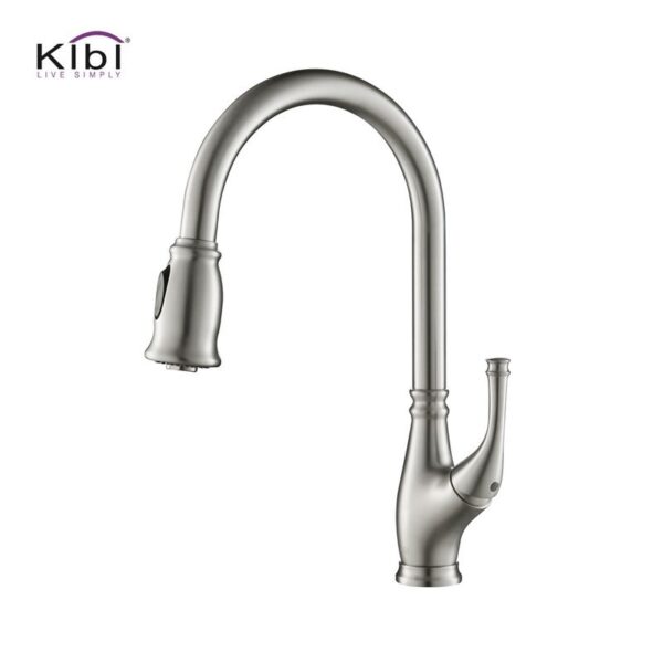 KIBI USA KKF2009 Summit 16 3/8 Inch Single Hole Deck Mount High Arc Pull-Out Single Level Lead Free Brass Kitchen Faucet with Sprayer and Magnetic Docking