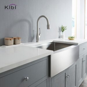 KIBI USA KKF2010 Cedar 16 3/4 Inch Single Hole Deck Mount High Arc Pull-Out Single Level Lead Free Brass Kitchen Faucet with Sprayer and Magnetic Docking