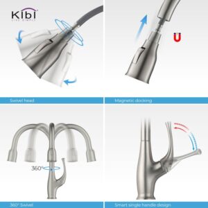 KIBI USA KKF2010 Cedar 16 3/4 Inch Single Hole Deck Mount High Arc Pull-Out Single Level Lead Free Brass Kitchen Faucet with Sprayer and Magnetic Docking