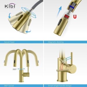 KIBI USA KKF2011 Luxe 13 1/2 Inch Single Hole Deck Mount Pull-Down Kitchen Faucet with Sprayer and Magnetic Docking