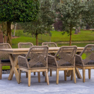 OUTSY Santino + Melina 7-Piece Outdoor Dining Set - Wood Dining Table and 6 Rope Backing Chairs with White Legs