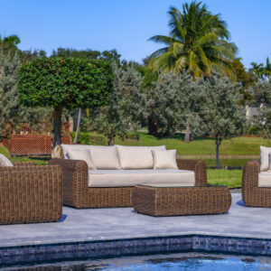 OUTSY Milo Lux 4-Piece Outdoor and Backyard Extra Deep Seating Wicker Aluminum Frame Furniture Set with Wicker Coffee Table in Brown