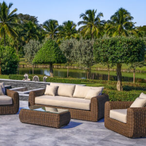 OUTSY Milo Lux 4-Piece Outdoor and Backyard Extra Deep Seating Wicker Aluminum Frame Furniture Set with Wicker Coffee Table in Brown