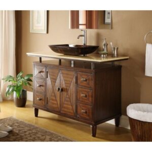 Chans Furniture Q136-8X Verdana 48 Inch Bathroom Vessel Sink Vanity with Onyx Counter Top and Faucet- Brown