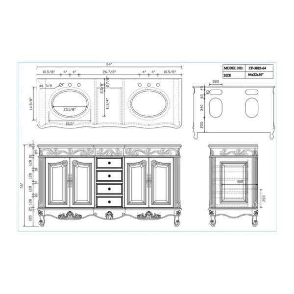 Chans Furniture CF-3882W-AW-64 Beckham 64 Inch Antique White Bathroom Double Sink Vanity