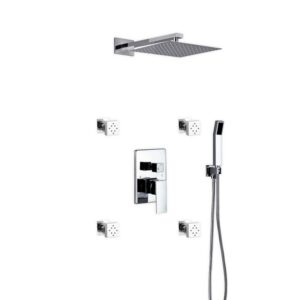 Kubebath KB WR3004JHH3V Aqua Piazza Shower Set with 12 Inch Square Rain Shower, Handheld and 4 Body Jets