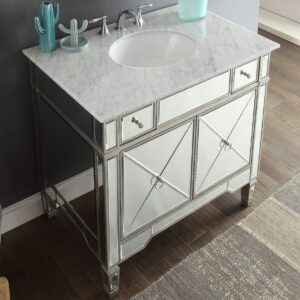 Chans Furniture YR-023RA-36 Ashlyn 36 Inch Silver Mirrored Bathroom Sink Vanity, Carrera Marble Countertop