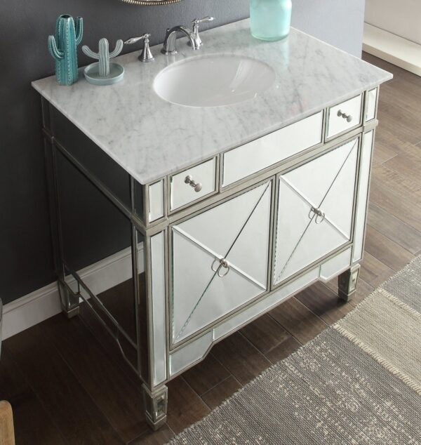 Chans Furniture YR-023RA-36 Ashlyn 36 Inch Silver Mirrored Bathroom Sink Vanity, Carrera Marble Countertop