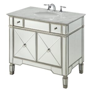 Chans Furniture YR-023RA-36 Ashlyn 36 Inch Silver Mirrored Bathroom Sink Vanity, Carrera Marble Countertop