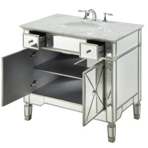 Chans Furniture YR-023RA-36 Ashlyn 36 Inch Silver Mirrored Bathroom Sink Vanity, Carrera Marble Countertop