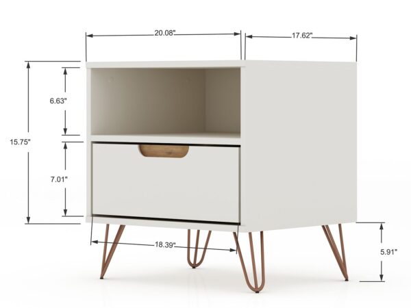 Manhattan Comfort Rockefeller 1.0 Mid-Century- Modern Nightstand with 1-Drawer in Off White and Nature