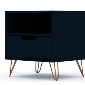 Manhattan Comfort Rockefeller 1.0 Mid-Century- Modern Nightstand with 1-Drawer in Tatiana Midnight Blue