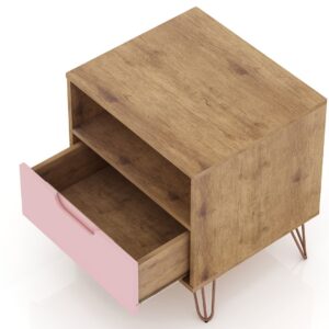 Manhattan Comfort Rockefeller 1.0 Mid-Century- Modern Nightstand with 1-Drawer in Nature and Rose Pink