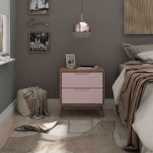 Manhattan Comfort Rockefeller 2.0 Mid-Century- Modern Nightstand with 2-Drawer in Nature and Rose Pink