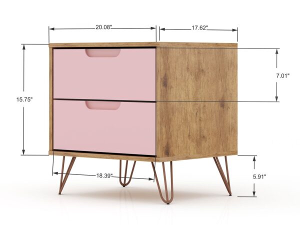 Manhattan Comfort Rockefeller 2.0 Mid-Century- Modern Nightstand with 2-Drawer in Nature and Rose Pink