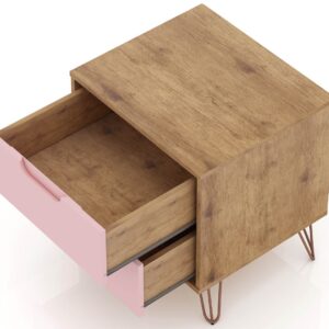 Manhattan Comfort Rockefeller 2.0 Mid-Century- Modern Nightstand with 2-Drawer in Nature and Rose Pink