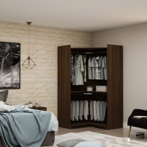 Manhattan Comfort Mulberry Modern Open Corner Closet with 2 Hanging Rods in Brown